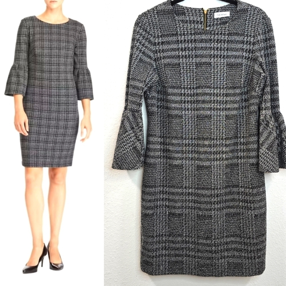 Calvin Klein Womens Elegant Black and Gray Plaid Dress Size M